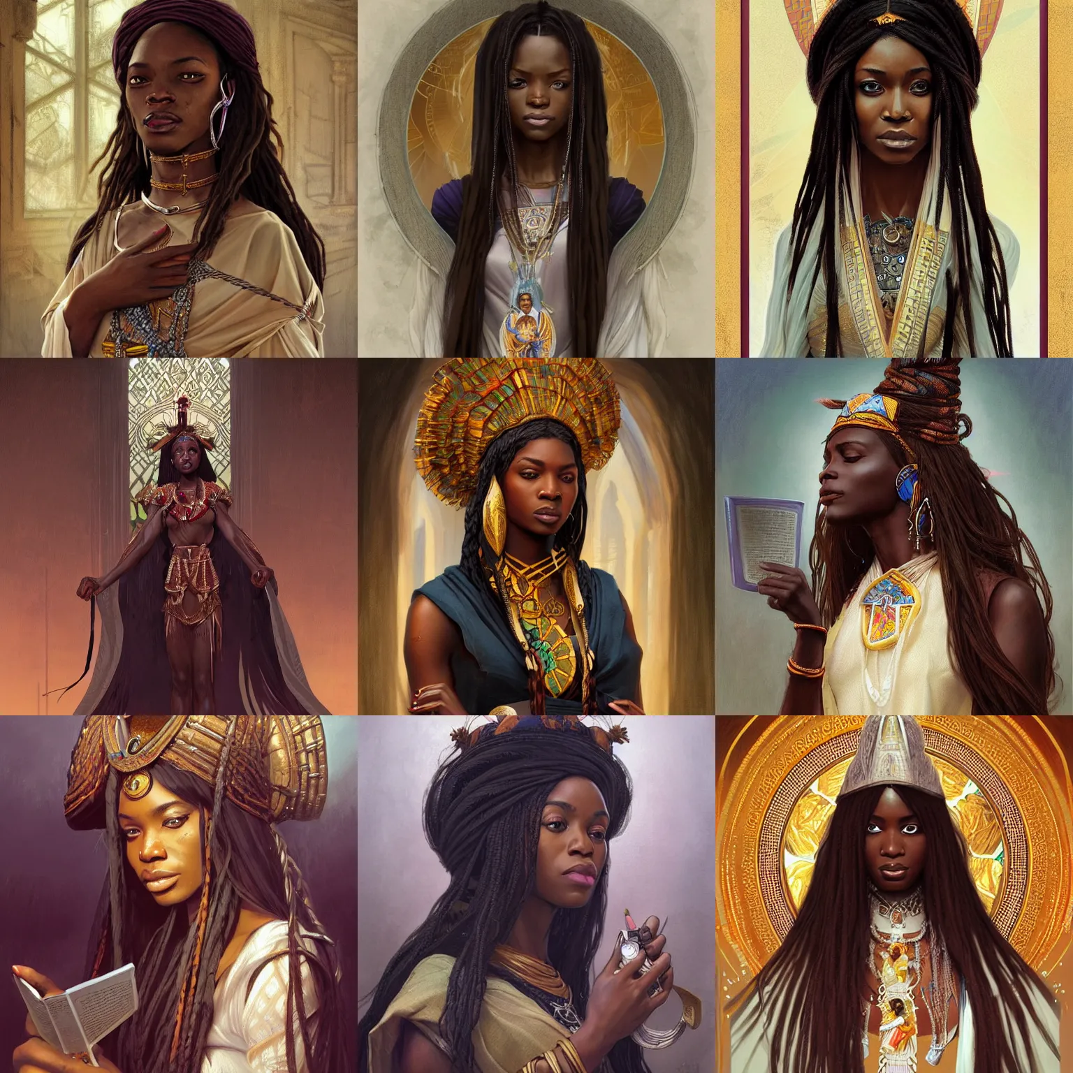 Prompt: nigerian priestess with long hair wearing a read dress, fantasy, portrait, highly detailed, digital painting, artstation, concept art, sharp focus, illustration, art by artgerm and greg rutkowski and alphonse mucha