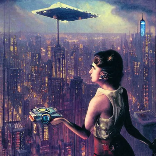 Image similar to “ girl standing on a roof looking down at a futuristic new york city below, ghostpunk, blade runner, cyberpunk, art nouveau, storm clouds, rain, very detailed, by gil elvgren ”