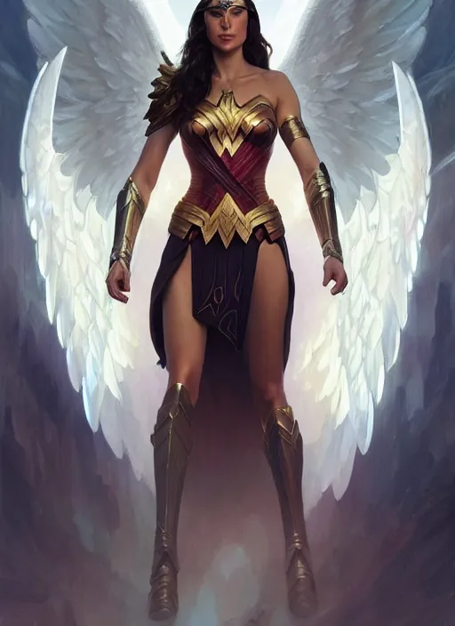 Image similar to gal gadot as an angel, deep focus, d & d, fantasy, intricate, elegant, highly detailed, digital painting, artstation, concept art, matte, sharp focus, illustration, hearthstone, art by artgerm and greg rutkowski and alphonse mucha