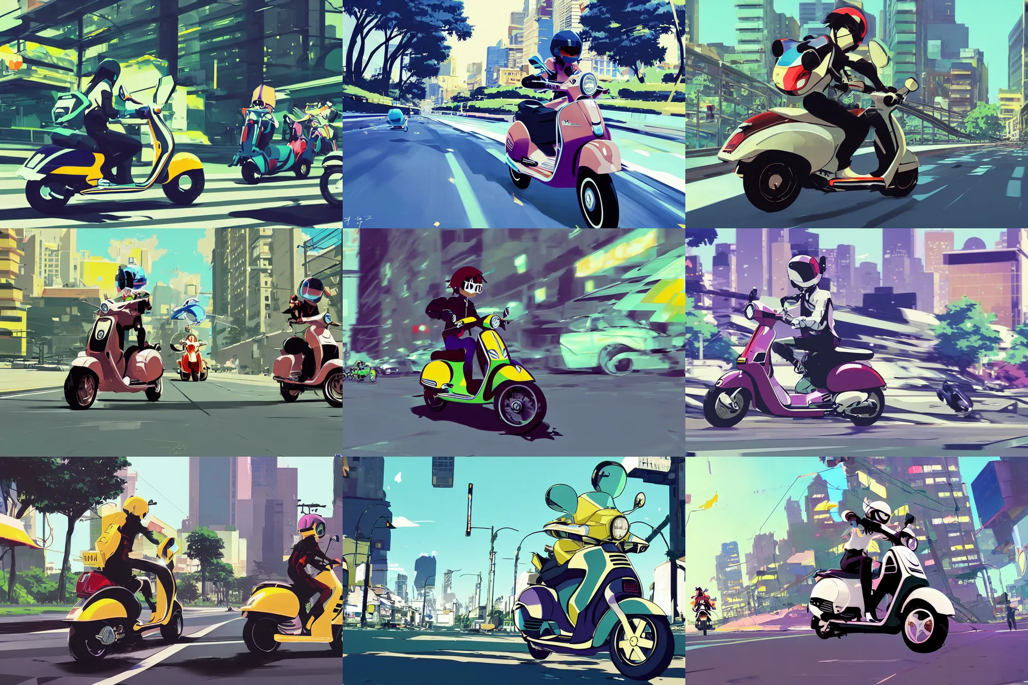 Prompt: glitch vespa action shot racing through the city of trees flcl by makoto shinkai concept art by syd mead