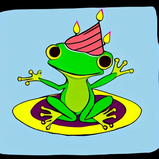 Prompt: a frog with a birthday cake, in the style of a cartoon