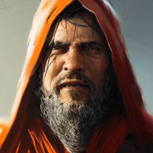 Image similar to portrait of a man by greg rutkowski, jedi master, arabian features, messy long black hair, beard, wearing orange jedi robes, star wars expanded universe, he is about 6 0 years old, highly detailed portrait, digital painting, artstation, concept art, smooth, sharp foccus ilustration, artstation hq