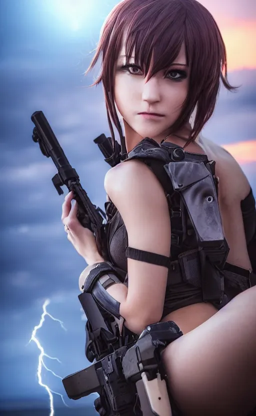 Prompt: highly detailed, high resolution, cosplay photo, octane, stunning, realistic lightning, real sunset, real water, character from girls frontline, sharp focus, 150mm, trending on facebook, by professional photographer, realistic anatomy, realistic military gear, realistic guns