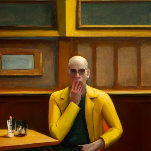 Prompt: a portrait of a lonely man in a leather jacket sitting in a bar full of people, the other people are all dressed in yellow protective suits, in the style of edward hopper, 4 k,