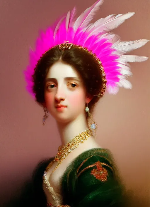 Prompt: stunning spanish godess princess, detailed pink and white feathers head peace against a black backdrop by ivan aivazovsky, 3 / 4 view portrait, wlop, super sharp details, photorealism, canon 5 d, 5 0 mm lens, stunning photoshot, beautiful soft lighting, muted colours, artstation