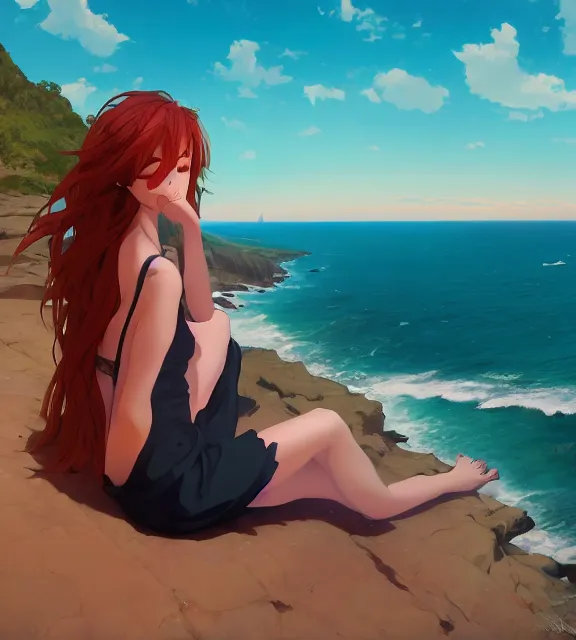 Image similar to a girl with long flowing auburn hair sitting on a cliff overlooking a beach. vivid colors, soft lighting, atmospheric, cinematic, moody, in the style of ilya kuvshinov and range murata, krenz cushart, rule of thirds, oil on canvas, 8 k.