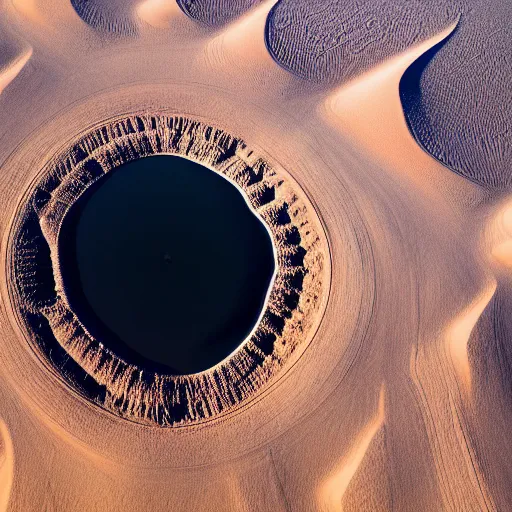 Prompt: desert landscape photo of a round black crater in the shape of a pupil surrounded by sand dunes in the shape of an iris, drone photo