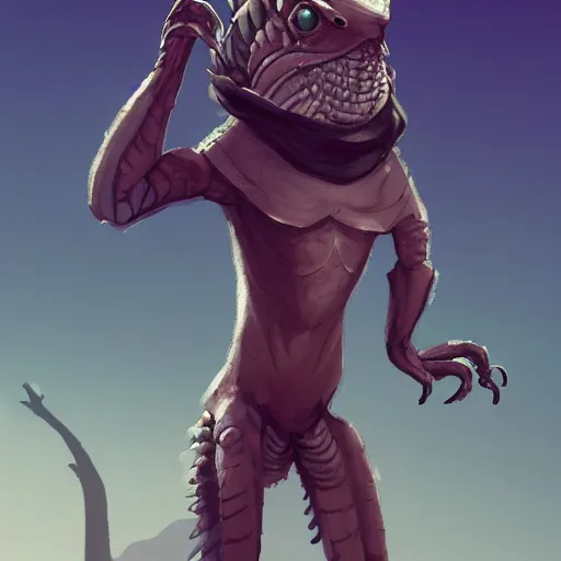 Image similar to very cute!!!! anthro lizard alien hybrid standing on two legs, wearing a scarf, desert nomad, concept art, trending artstation, apocalyptic, volumetric lighting.