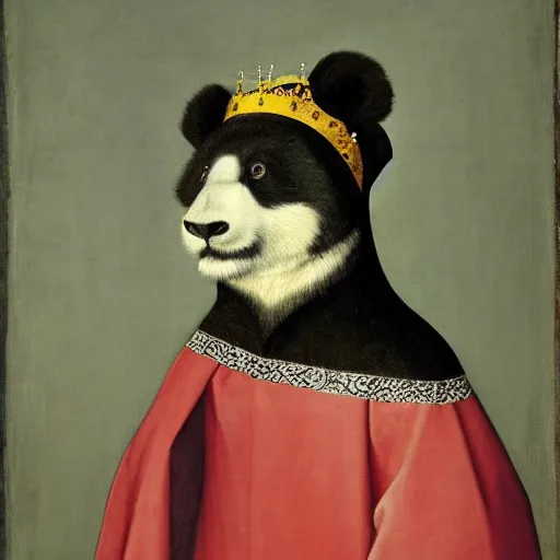 Prompt: a renaissance style portrait of a wild panda wearing a crown and a cape, dark background
