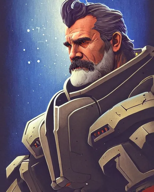 Image similar to reinhardt from overwatch, josh brolin, gray hair and beard, character portrait, portrait, close up, concept art, intricate details, highly detailed, vintage sci - fi poster, retro future, in the style of chris foss, rodger dean, moebius, michael whelan, and gustave dore