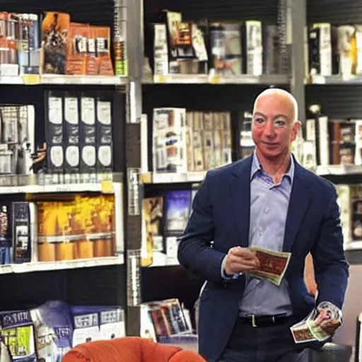 Image similar to trail cam footage still of Jeff Bezos fanning himself with money