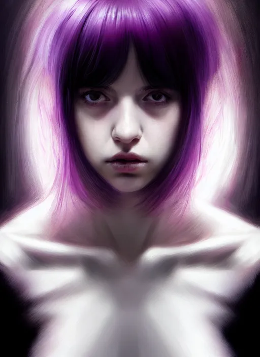 Image similar to portrait of teenage girl, red irises, bangs, black and white hair, white bangs, purple clothes, white bangs, two color hair, black hair and white bangs, intricate, elegant, glowing lights, highly detailed, digital painting, artstation, concept art, smooth, sharp focus, illustration, art by wlop, mars ravelo and greg rutkowski