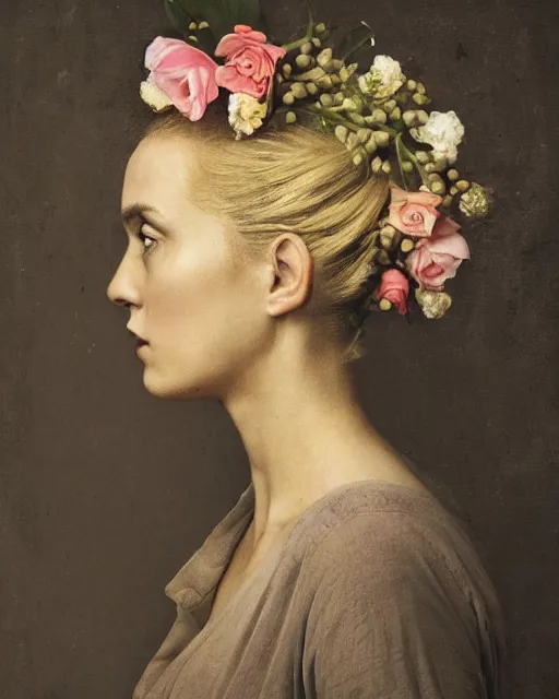 Prompt: a woman's face in profile, blonde, made of flowers, in the style of the Dutch masters and Gregory Crewdson, dark and moody