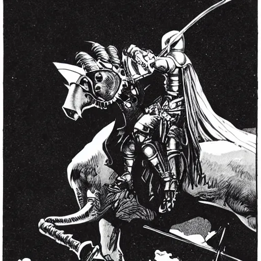 Image similar to A knight using a tapir as a steed, the tapir has a long snout. Dark Fantasy, Film Noir, Black and White. High Contrast, Mike Mignola, D&D, OSR