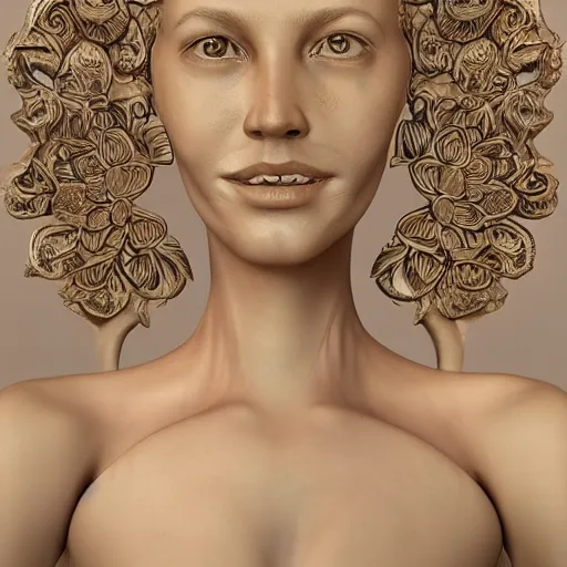 Image similar to beatifull face portrait of a woman, 150 mm, anatomical, flesh, flowers, mandelbrot fractal, facial muscles, veins, arteries, intricate, golden ratio, full frame, microscopic, elegant, highly detailed, ornate, ornament, sculpture, elegant , luxury, beautifully lit, ray trace, unreal, 3d, PBR, in the style of peter Gric , alex grey and Romero Ressendi