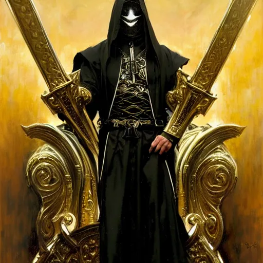 Prompt: full body portrait of masked king in black gothic robes sitting on a throne of swords, elegant, highly detailed painting by gaston bussiere, craig mullins, j. c. leyendecker, 8 k, mid shot