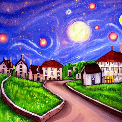 Prompt: a painting of a small village with crooked wooden houses designed by Tim Burton, the village is on a hill, the sky is dark with stars shining through, 4K,