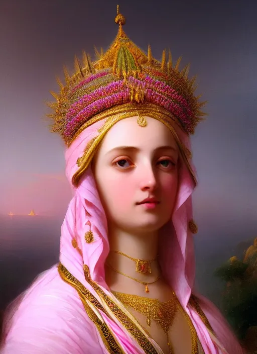 Image similar to stunning arabian godess princess, detailed pink and white protea head peace against a black backdrop by ivan aivazovsky, 3 / 4 view portrait, wlop, super sharp details, photorealism, canon 5 d, 5 0 mm lens, stunning photoshot, beautiful soft lighting, muted colours, artstation