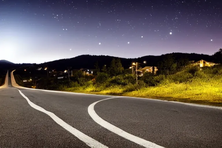 Image similar to looking down road, neighborhood lining the road, hills background with a big creature, mid night, lonely, car light, view of a car