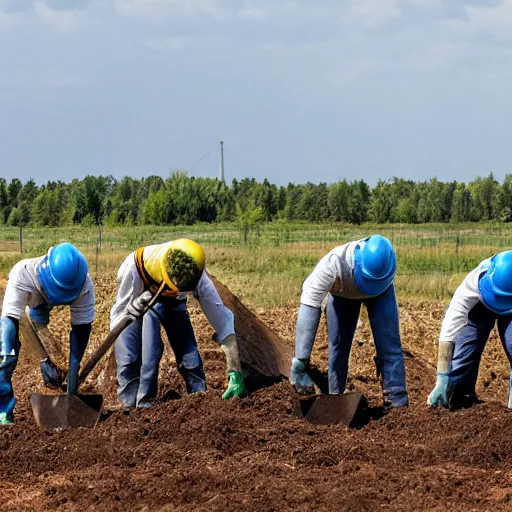 Prompt: a group of workers planting trees in a rural landscape with glowing clean white sci fi containment building in the distance