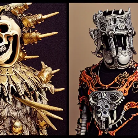 Prompt: still frame from Prometheus by Utagawa Kuniyoshi, lich king Dr doom in ornate bio cybernetic bone armour and skull mask helmet in hells bioship by Wayne Barlowe by peter Mohrbacher by Giger, dressed by Alexander McQueen and by Neri Oxman, metal couture hate couture editorial