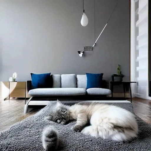 Image similar to modern minimalist interior design with a fluffy kitten