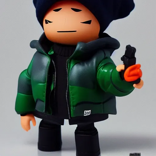 Image similar to magic mushroom wearing large puffer jacket and ak 4 7, nendroid, butcher billy style