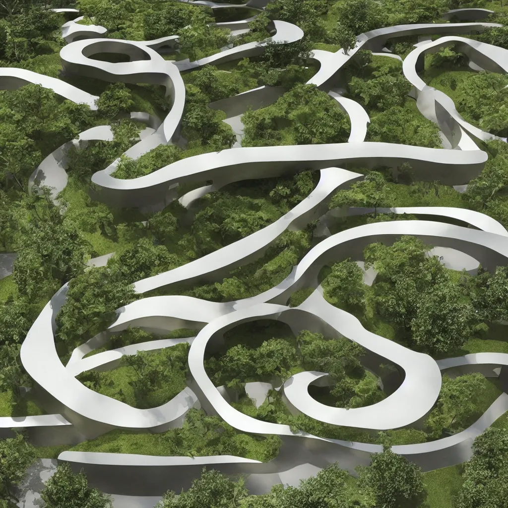 Image similar to “ an incredibly smooth curvilinear architectural sculpture, unfolding continuous golden surfaces enclose a visually interesting garden designed by zaha hadid, architecture render ”