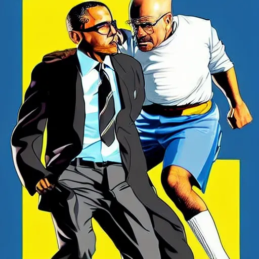 Prompt: Epic poster art of Barack Obama fighting Walter White, action shot