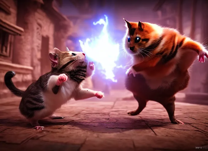 Image similar to hamster fights a cat in mortal kombat on the background of a laughing shao khan. fantasy magic style. highly detailed 8 k. intricate. lifelike. soft light. sony a 7 r iv 5 5 mm. unreal engine with nanite and path tracing