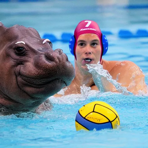 Prompt: water polo with hippopotamuses instead of horses.