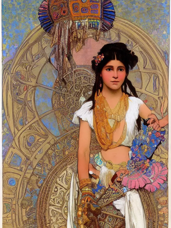 Image similar to an art nouveau painting of a pretty young native mayan woman dressed in a traditional, modest coat of beads and feathers and an elaborate headdress, in front of an aztec calendar, by alphonse mucha and james gurney and john william waterhouse