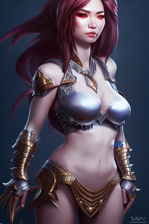 Image similar to sakimi chan, fantasy armor, detailed face, curvy, white skin, dynamic lighting, tony sart, unreal engine