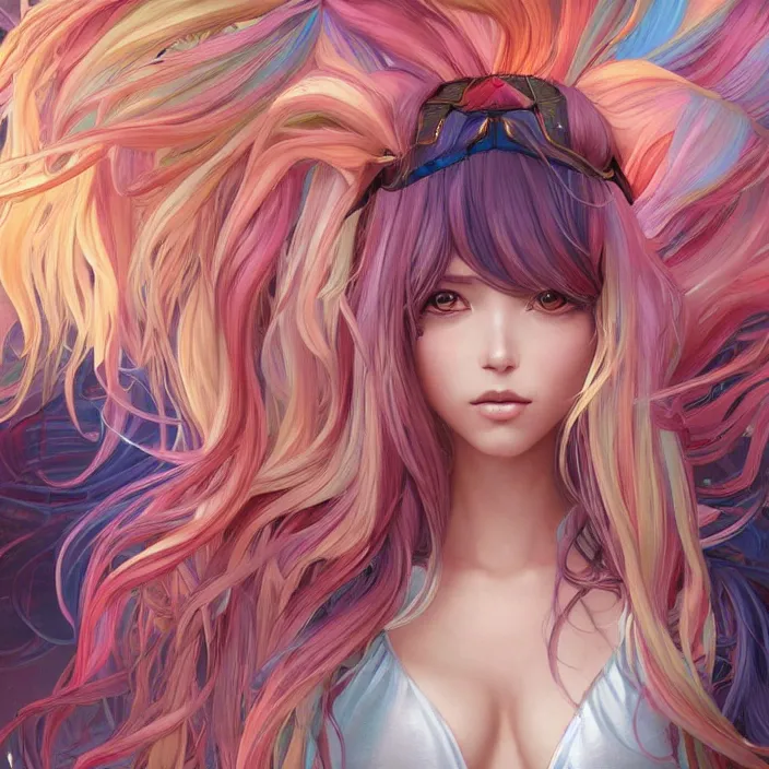 Image similar to portrait of beautiful symmetrical anime girl, rainbow hair, attractive, casual, modern, victoria's secret, highly detailed, digital painting, artstation, concept art, smooth, sharp focus, illustration, art by artgerm, greg rutkowski and alphonse mucha, 8 k,