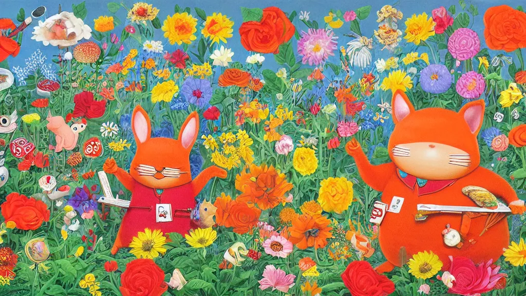 Image similar to highly detailed richard scarry oil painting of a heart surrounded by all the known species of flowers