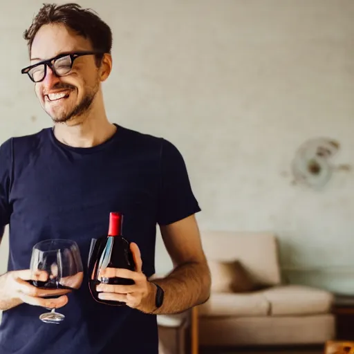 Prompt: a man boisterously dancing around the room by himself holding an empty wine bottle