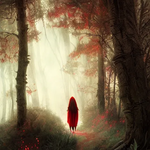 Image similar to little red riding hood on dark moonlight forest path, darkwave, darksynth, concept art, sharp, digital matte painting, art by, greg rutkowski, wlop, dramatic lighting, trending on artstation