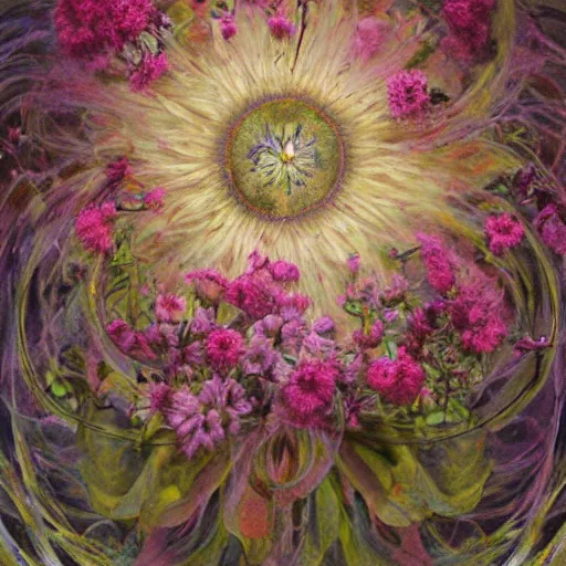 Prompt: This experimental art is a large canvas, covered in a wash of color. In the center is a cluster of flowers, their petals curling and twisting in on themselves. The effect is ethereal and dreamlike, and the overall effect is one of serenity and peace. comic book art by Thomas Benjamin Kennington peaceful