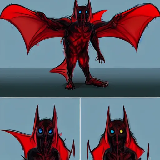 Image similar to front and back character view of scary, giant, mutant, mutated, dark blue humanoid bat, glowing red eyes, flying above a stormy ocean, sharp teeth, acid leaking from mouth, realistic, giant, bat ears, bat nose, bat claws, bat wings, furred, covered in soft fur, detailed, trending on artstation clean concept art and sheet that using unreal engine 5 render and hyper detailed 3D texture with cinematic software light 85mm f/1.4