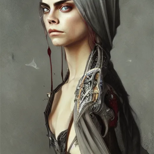 Image similar to Cara Delevigne , intricate, elegant, highly detailed, digital painting, artstation, HR GIGER, Hieronymus Bosch, Francis Bacon, concept art, smooth, sharp focus, illustration, art by artgerm and greg rutkowski and alphonse mucha