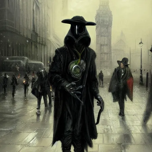 Prompt: plague doctor walking the streets of london by raymond swanland, highly detailed,