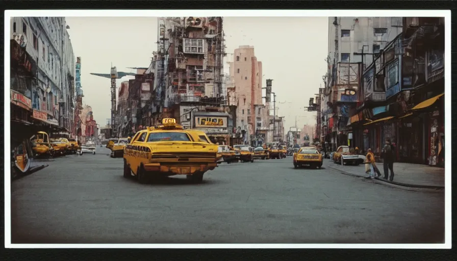 Prompt: polaroid photo, cinema still from movie taxi driver, moonwalker photo, lunar busy street, city street on the moon, a detailed photo of a future norilsk street base, sci fi, street moon landscape, 8 k