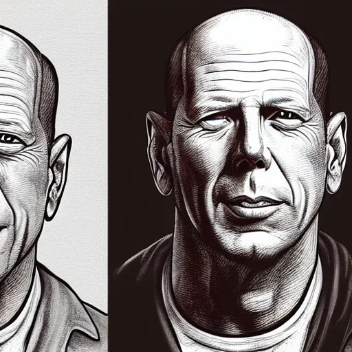 Image similar to a illustration portrait of Bruce Willis drawn by Robert Crumb