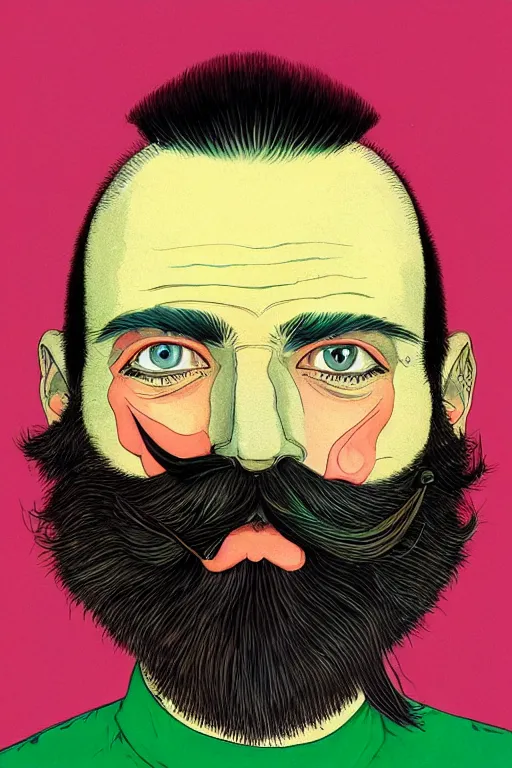 Prompt: a colorful closeup portrait of a handsome young bald man with a very long wild beard and moustache, green eyes, sucking a blotter paper of lsd acid and dreaming psychedelic hallucinations in the vast icy landscape of antarctica, by kawase hasui, moebius and edward hopper, colorful flat surreal design, hd, 8 k, artstation