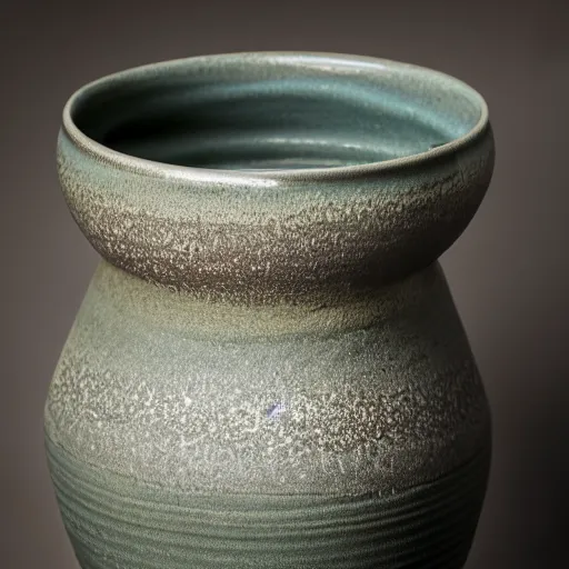 Prompt: a studio photo of new pottery by Florian Gadsby, shot for pottery magazine, canon C300, high resolution, 1.4, 50mm, bokeh, product photography, highly detailed, sharp focus, HDR