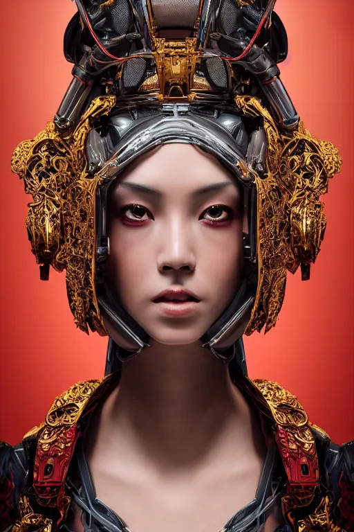 Image similar to a beautiful empress portrait, with a brilliant, impossible striking big cybernetic headpiece, cybernetic clothes, symmetrical, dramatic studio lighting, rococo, baroque, asian, hyperrealism, closeup, D&D, fantasy, intricate, elegant, highly detailed, digital painting, artstation, octane render, 8k, concept art, matte, sharp focus, illustration, art by Artgerm and Greg Rutkowski and Alphonse Mucha