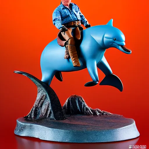 Image similar to john wayne riding a dolphin. action figure by hot toys. studio lighting.