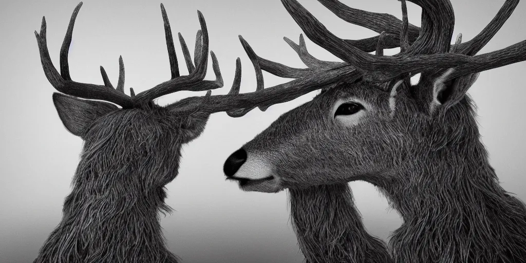 Prompt: portrait of deer head transforming into root monster, edelweiss growing on his head, forest, dolomites, alpine, detailed intricate insanely detailed octane render, 8k artistic 1920s photography, photorealistic, black and white, chiaroscuro, hd, by David Cronenberg, Raphael, Caravaggio