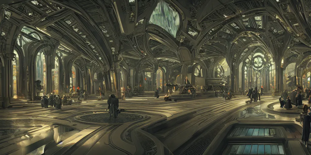 Image similar to cinematic movie scene, 200mm wide shot, precise architectural rendering, interior of a sci-fi space station with ornate art nouveau architecture, bustling with people and flying cars, gothic architecture, emerald, crystalline, detailed illustration, sharp focus, concept art, unreal engine, octane render, god rays H 768