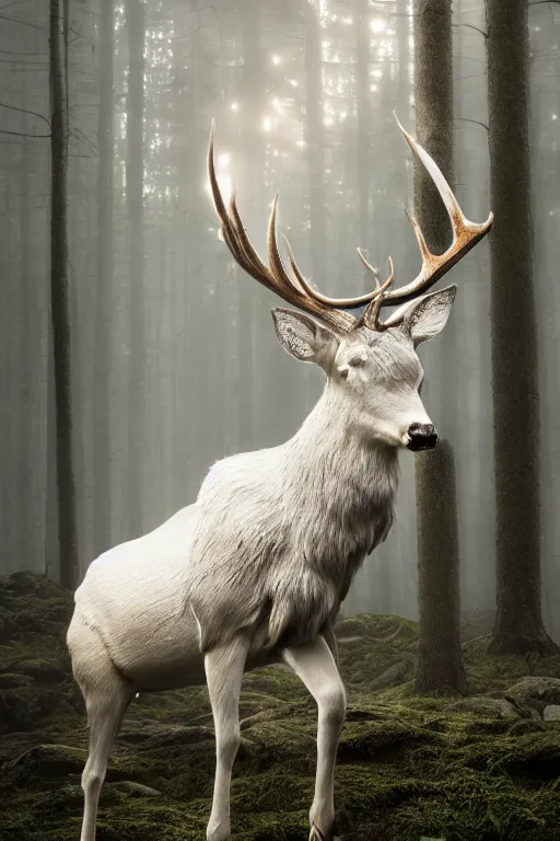 Prompt: king of the forest, a white stag, beautiful, fantasy, hyper realistic, dramatic lighting, 8k